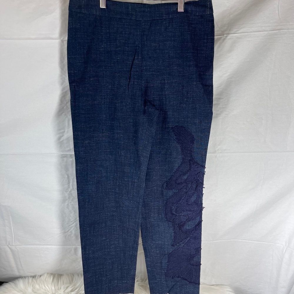 Josie Natori Blue Woven Cotton/Linen Blend Embroidered Leg Crop Pants Sz 10